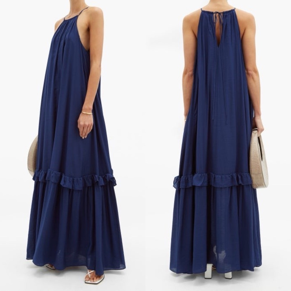 NWT STAUD Ina Tiered Halterneck Muslin Maxi Dress - Navy
